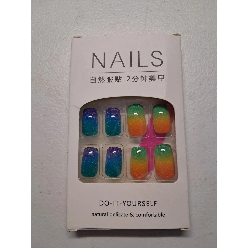 Rainbow Ombre Glitter Press On Nails DIY Kit Square Gradient 24pc Set with Tools